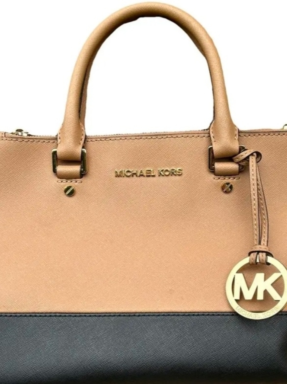 MICHAEL KORS Two-Tone Leather Satchel in Tan and Black with MK Charm